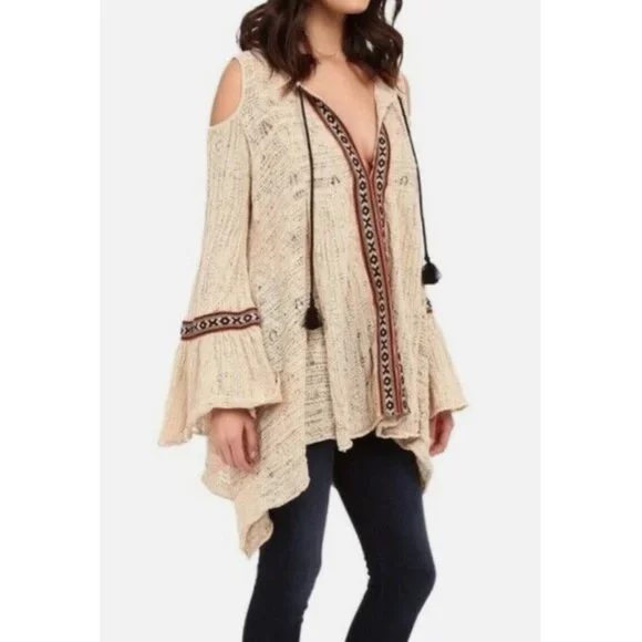 Free People Beige Crochet Cold Shoulder Bell Slv Asymmetrical Tunic Mini Dress - Picture 14 of 16